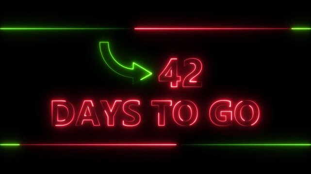 Neon bright text 42 day inside a horizontal banner red color animation. Display day 42 text animation, calendar counter concept.