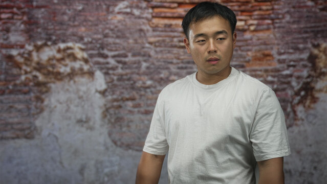 Chinese man looking downward against weathered brick building wall with visible face; solemn introspection.