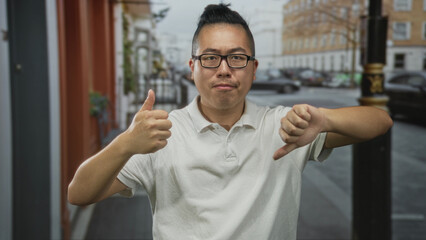 Obraz premium Man showing thumbs up and thumbs down on street in white polo shirt and glasses; ambivalence choices opinion.