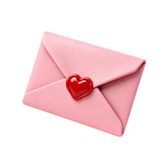 Romantic 3D render of a pink leather envelope sealed with a red heart shaped wax stamp isolated on gray background for love and mail