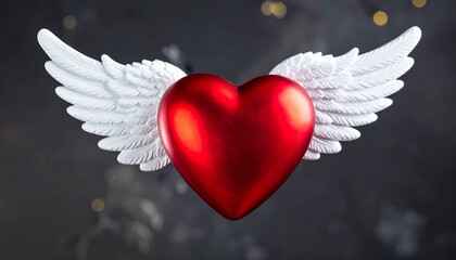 Fototapeta premium Red metal heart with white feather wings spread wide, romantic and magical mood, Valentine Day
