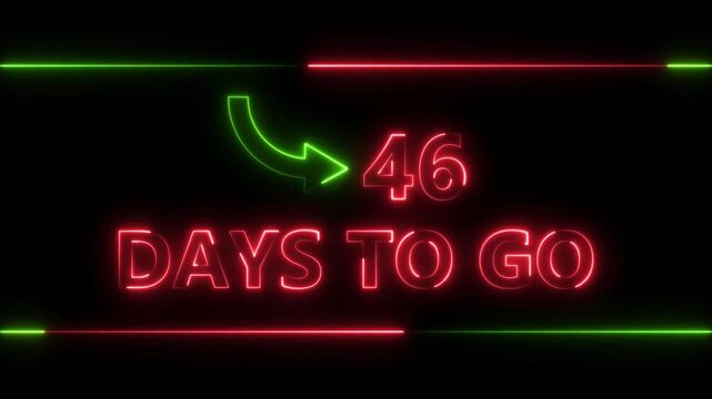 Neon bright text 46 day inside a horizontal banner red color animation. Display day 46 text animation, calendar counter concept.