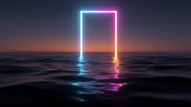 Neon light frame reflecting in water with atmospheric sunset