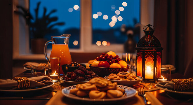 Ramadan iftar table setting with dates and fresh fruit
