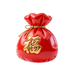 Traditional Chinese lucky money bag in 3D red satin texture with golden Fu character for luck and prosperity during lunar New Year celebration