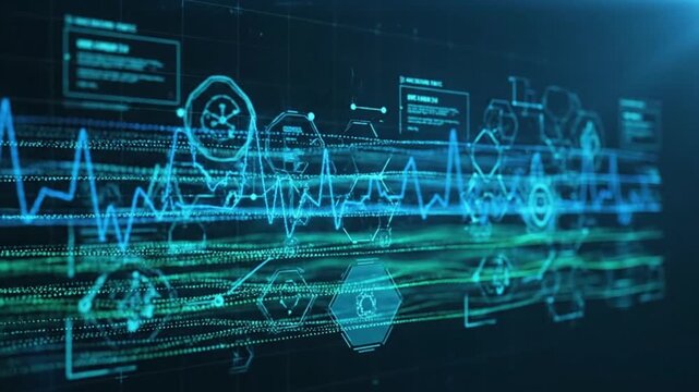 Digital Futuristic Data Visualization with Abstract Blue Green Futuristic Overlayed with Data Graphs