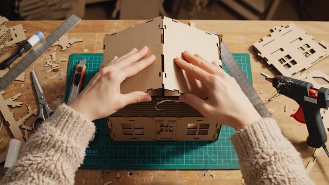 Hands assembling a cardboard house model with a hot glue gun