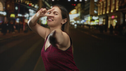 Fototapeta premium Young caucasian woman pointing finger with bare hand toward camera on a busy city street at night; confident playfulness.