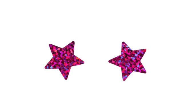 Two pink glitter star stickers isolated PNG, shiny decorative elements for scrapbooking and party decorations on transparent background