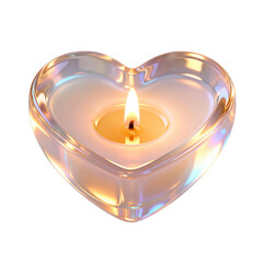 Romantic 3D heart shaped glass candle holder with glowing flame, iridescent crystal texture for Valentine's Day and intimate atmosphere design