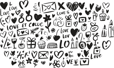 Obraz premium A delightful assortment of love-themed icons and symbols in a charming black and white design Vector