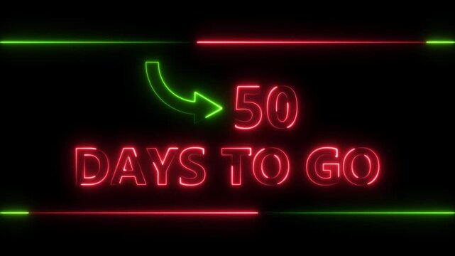 Neon bright text 50 day inside a horizontal banner red color animation. Display day 50 text animation, calendar counter concept.