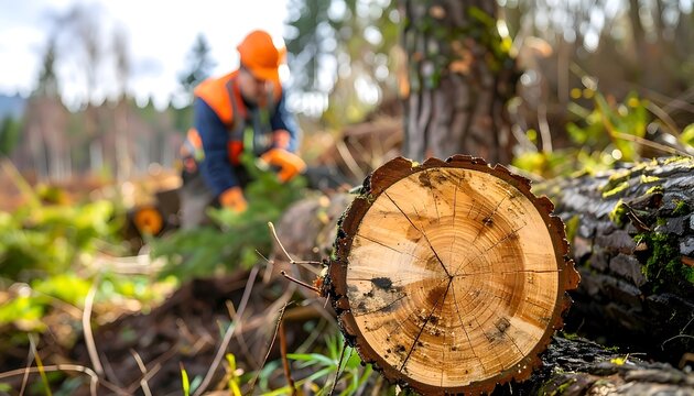 Lumberjack in orange vest cutting a tree with a chainsaw in a forest with a cut log in the foreground.