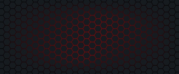 Abstract dark hexagon pattern on red neon background technology style. © Nur