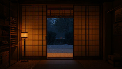 Fototapeta premium 和室の押入れを夕方の電球色が照らす落ち着いた室内