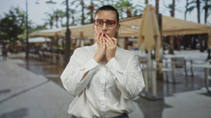 Fototapeta premium Woman biting nails, hands to mouth, wearing red glasses and white blouse, tense expression at street cafe terrace with umbrellas, tables and palms; anxiety.