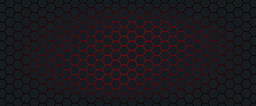 Abstract dark hexagon pattern on red neon background technology style.