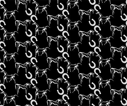 Abstract Hand Drawing Horses and Horseshoes Seamless Vector Western Pattern Isolated Background