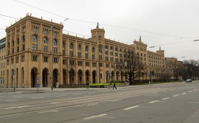 Obraz premium Exterior view of the Government of Upper Bavaria building on Maximilianstrasse in Munich, featuring historic neo-Renaissance and neo-Gothic architecture in the city center, DE, 17 Feb. 2011