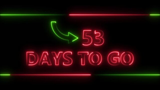 Neon bright text 53 day inside a horizontal banner red color animation. Display day 53 text animation, calendar counter concept.
