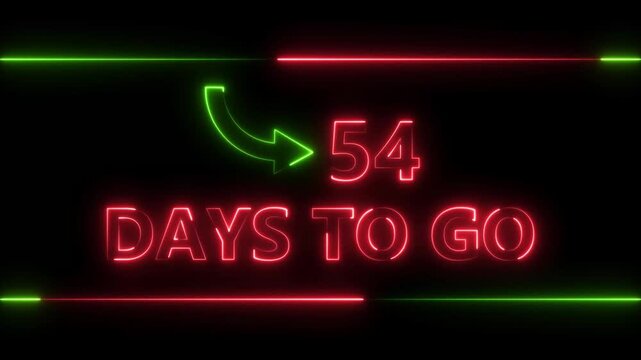 Neon bright text 54 day inside a horizontal banner red color animation. Display day 54 text animation, calendar counter concept.