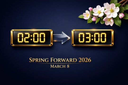 Spring Forward 2026  USA Daylight Saving Time change concept with digital clocks switching from 2 am to 3 am on March 8