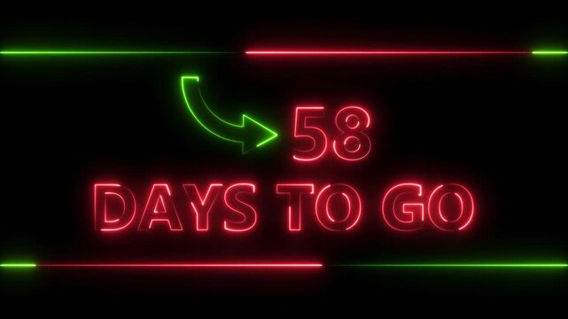Neon bright text 58 day inside a horizontal banner red color animation. Display day 58 text animation, calendar counter concept.