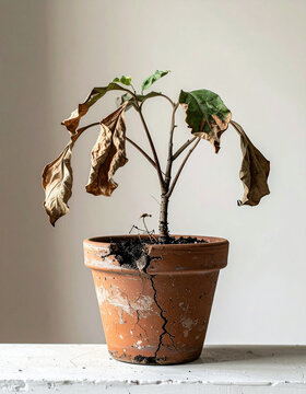 Dying green houseplant in broken terracotta pot, dry cracked soil, plant neglect, lack of care concept.