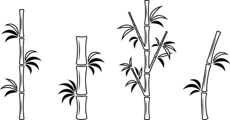 Obraz premium Vector illustration of bamboo plant silhouettes in artistic natural styles, showcasing stalks and leaves, botanical foliage design concept for nature, landscape, environment, ecology