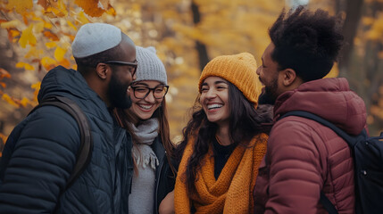Fototapeta premium Diverse friends laughing together in autumn