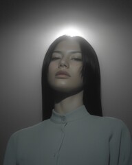 Fototapeta premium A dreamy portrait shows a woman softly backlit with a glowing halo effect, creating an ethereal, serene, and cinematic studio mood.