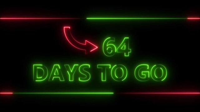 Neon bright text 64 day inside a horizontal banner green color animation. Display day 64 text animation, calendar counter concept.