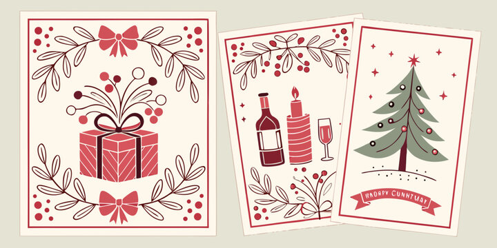 Elegant christmas holiday cards collection featuring gift boxes wine bottles and pine trees christmas ornaments illustration celebration seasonal presents invitation