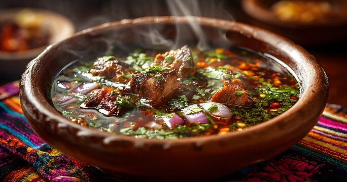 Deep within steaming bowl of Guatemalan Other Chirmol Chap juicy piece of marinated pork gently rest among tapestry of vibrant chilies onion cilantro clean professional stock photo sharp macro