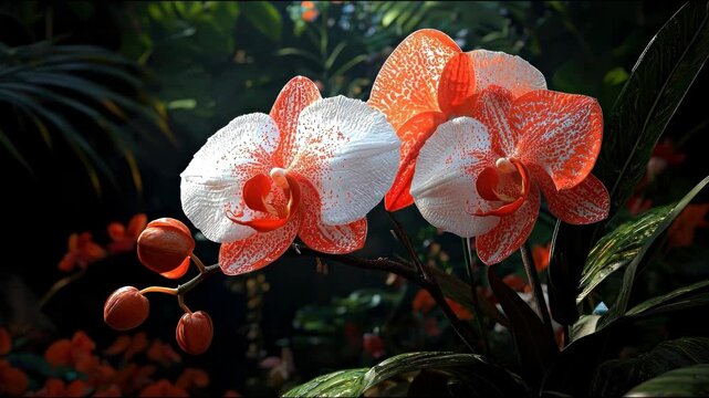 Close-up of vibrant orchids with white petals spotted with red accents, set against a dark foliage background. Buds and leaves