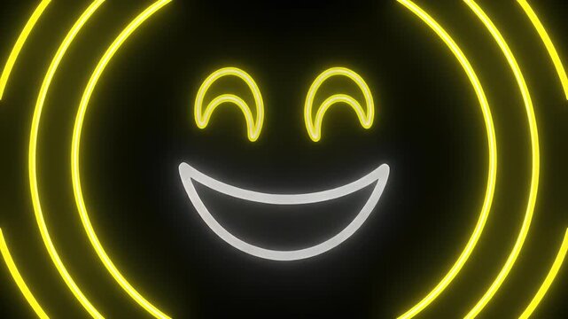 A glowing neon smiley face with yellow concentric circles on a black background, radiating happiness.