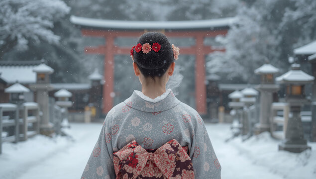 雪の参道を進む和装女性の後ろ姿が静寂に包まれる