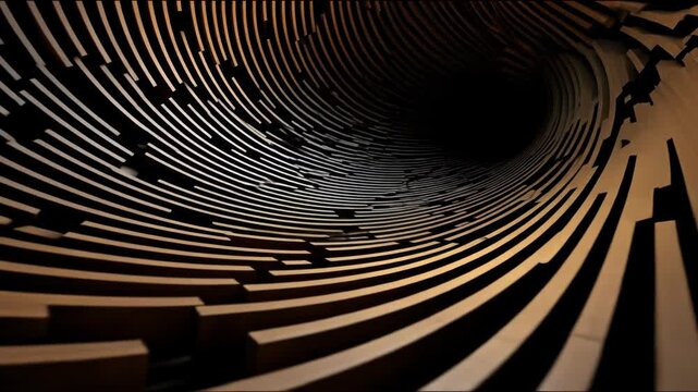 A swirling, tunnel-like structure made of parallel, segmented lines in shades of gold and black, leading into darkness