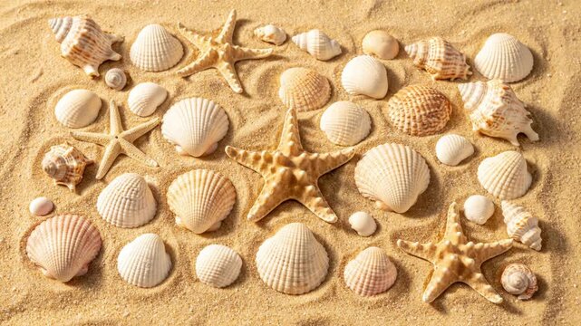 Various seashells and starfish are arranged on a sandy surface, creating a beachy, overhead composition. Natural light highlights textures
