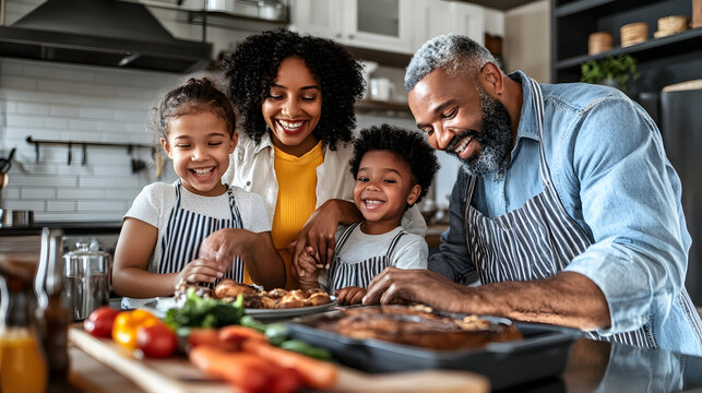 Happy family baking together in modern kitchen with fresh ingredients