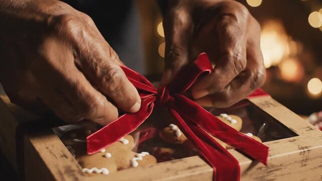 Hands tying a red velvet bow on a box of gingerbread cookies, festive holiday gift