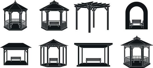 Black silhouette set of garden gazebos, pergolas, park pavilions, covered benches, outdoor canopies and wooden shelter structures isolated on white background