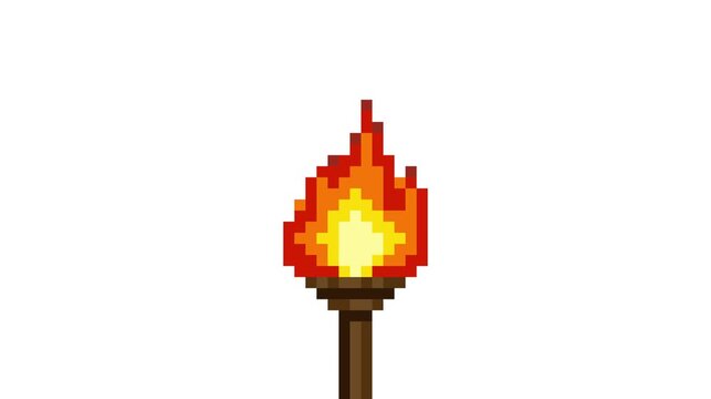 Flaming Torch Pixel Art Animation on White Background