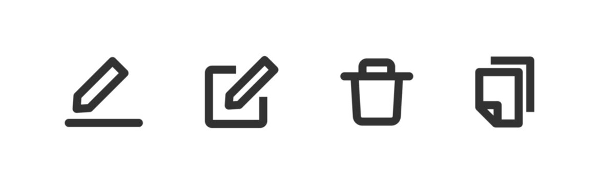 Edit, copy, delete, paste icon set. Document buttons. Write symbol. Editable stroke.