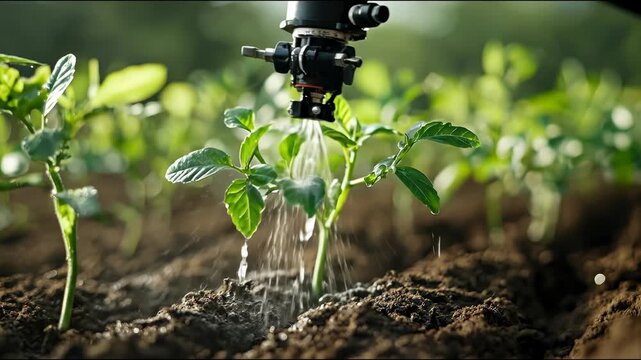 A close-up view of a plant being watered by a device. Droplets cascade onto the young plant, creating a refreshing scene