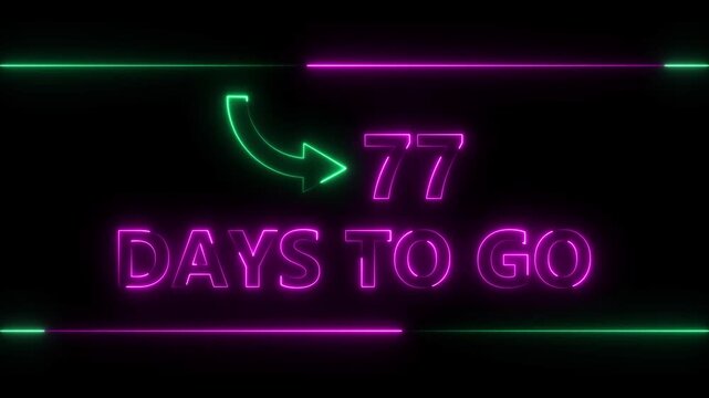 Neon bright text 77 day inside a horizontal banner magenta color animation. Display day 77 text animation, calendar counter concept.