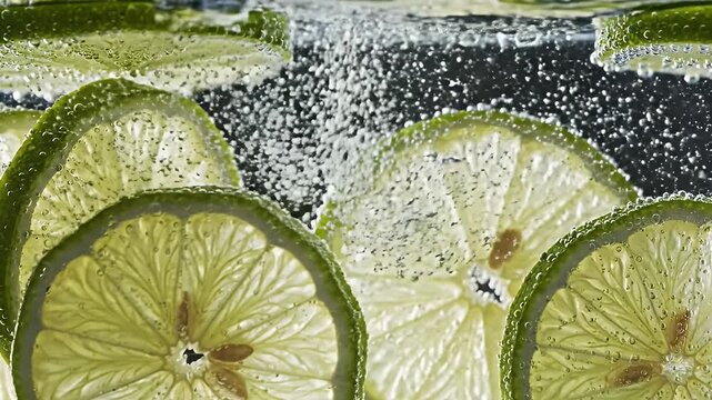 Refreshing Lime Slices Floating in Sparkling Water with Bubbles.