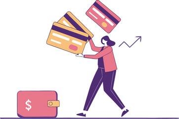 Flat Vector Illustration of a Woman Managing Credit Cards and Personal Savings