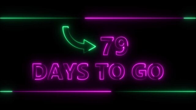 Neon bright text 79 day inside a horizontal banner magenta color animation. Display day 79 text animation, calendar counter concept.