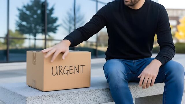 Man Sits Next to Cardboard Box Labeled Urgent Outdoors During Daytime signifying job termination or layoff